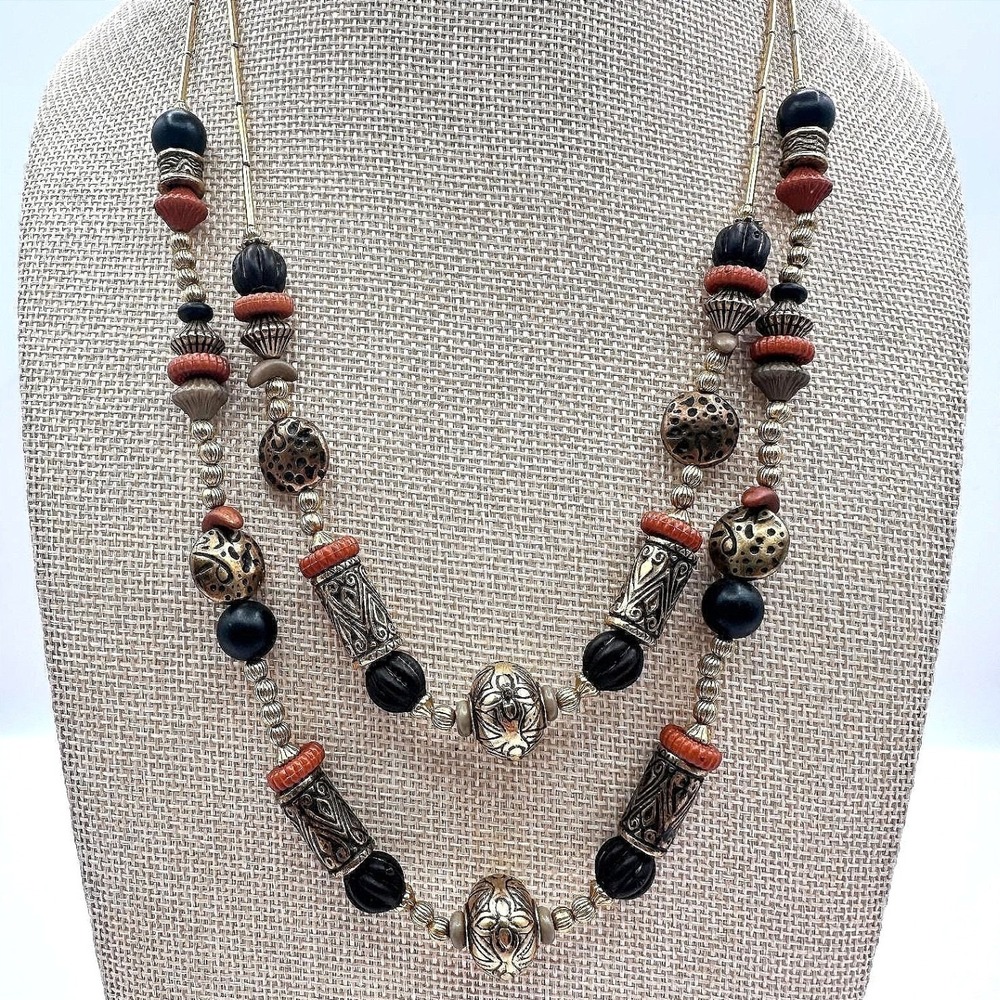 VTG Double Strand Beaded Layered Necklace‎ Gold Tone Tribal Southwestern Chunky